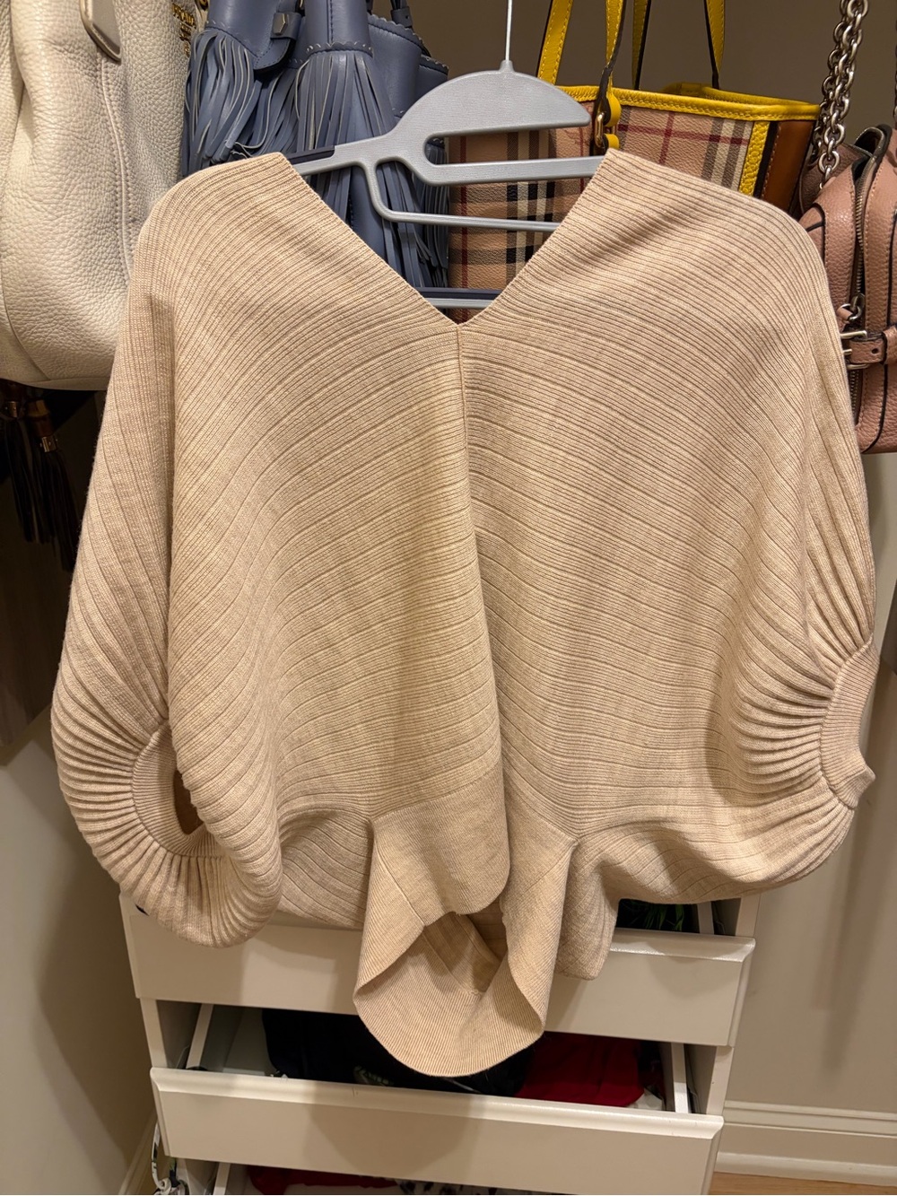 Club Monaco Beige Ribbed V-Neck Dolman Sweater